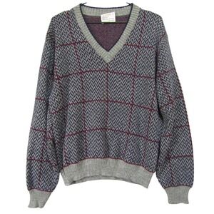 London Fog V-Neck Sweater Mens Gray Blue Burgundy Good Vintage Plaid Wool Blend